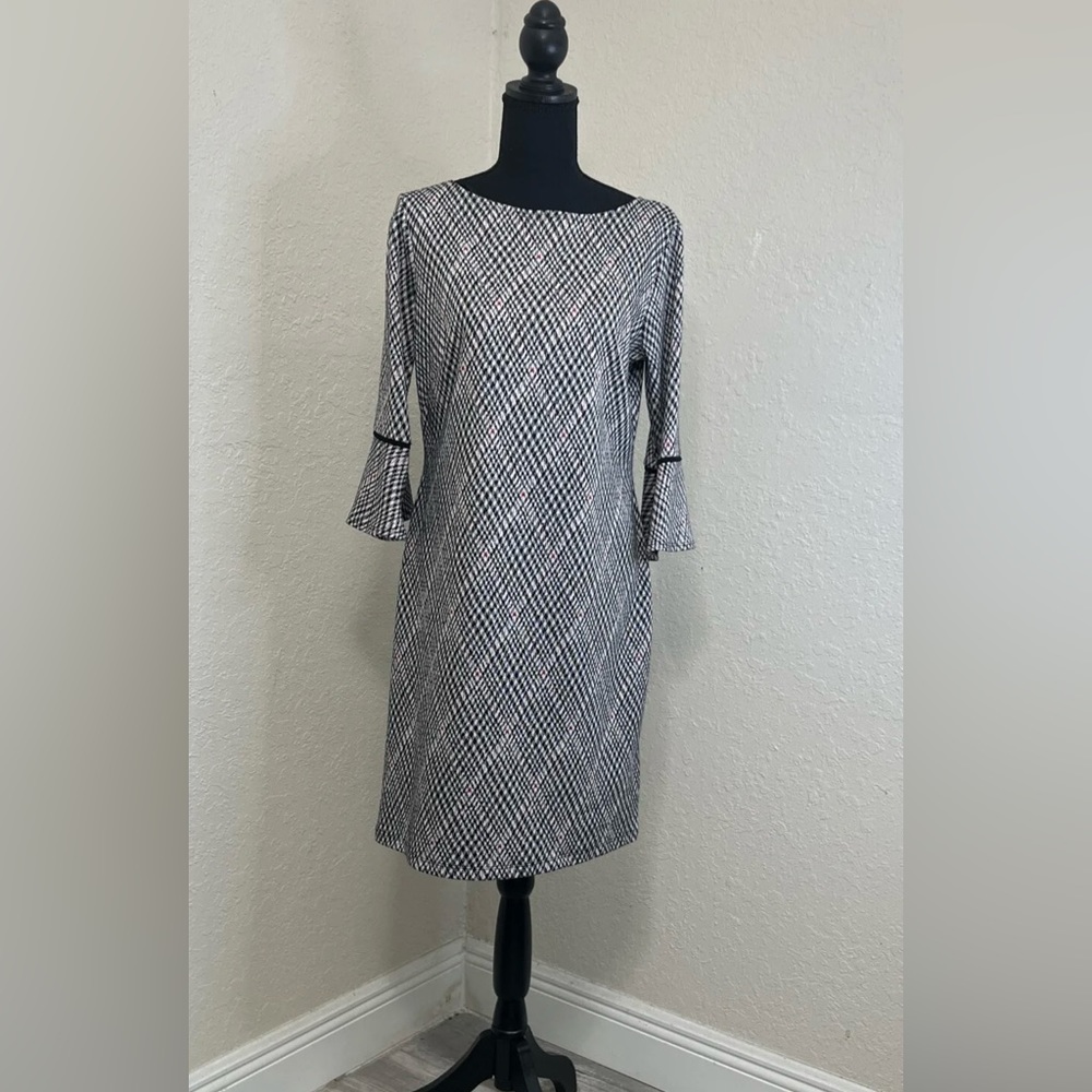 Enfocus Studio Black White plaid 3/4 Sleveles Sheath Dress size 10